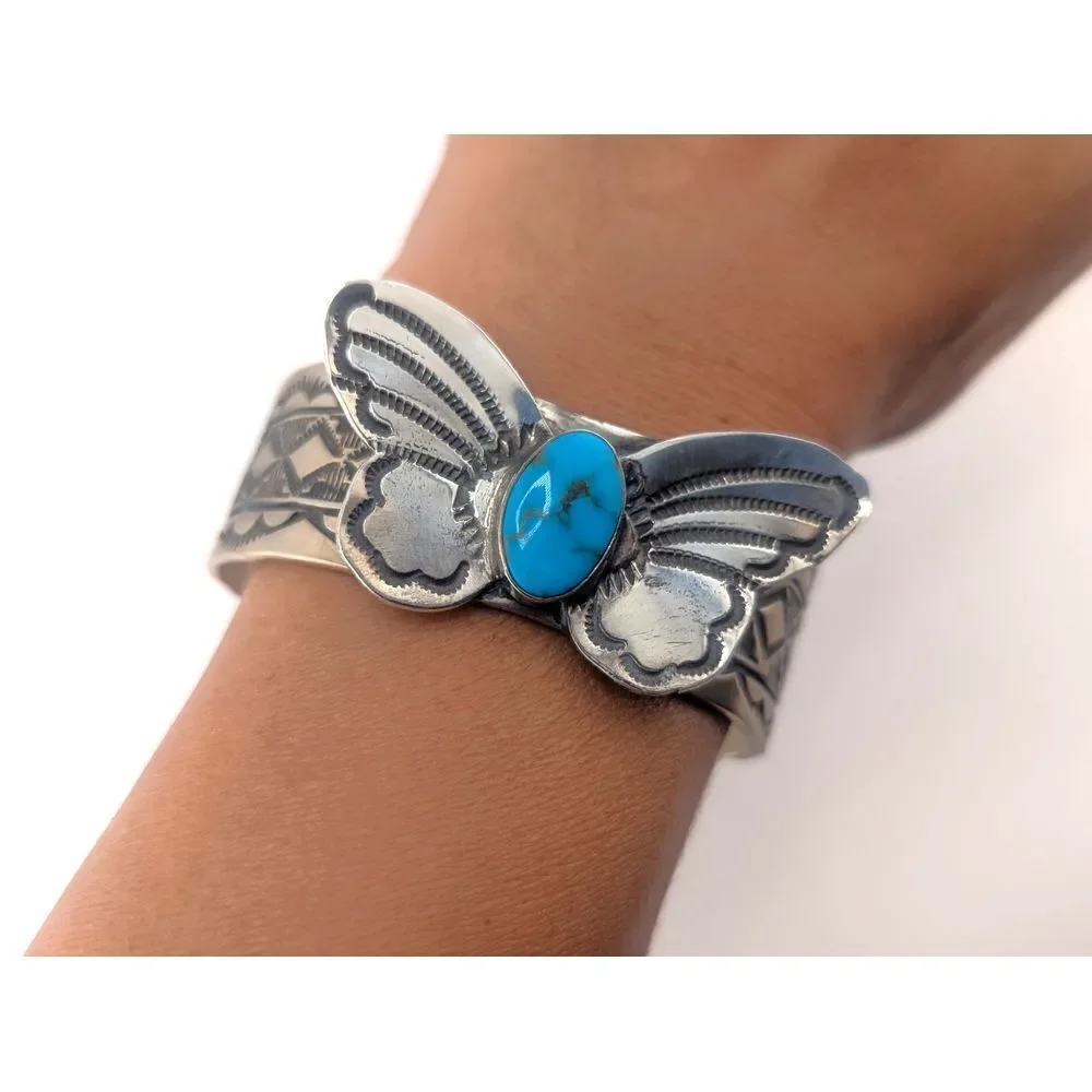 Navajo Cuff Bracelet Handmade‎ Butterfly Native American Turquoise Silver sz 7** - Picture 10 of 10